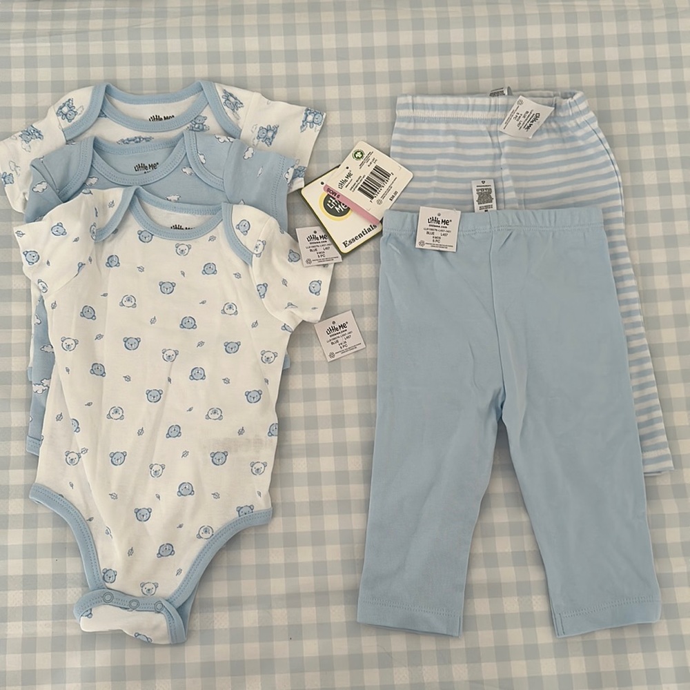 NWT “Little Me” set of 3 onesies and 2 pants, size 9months